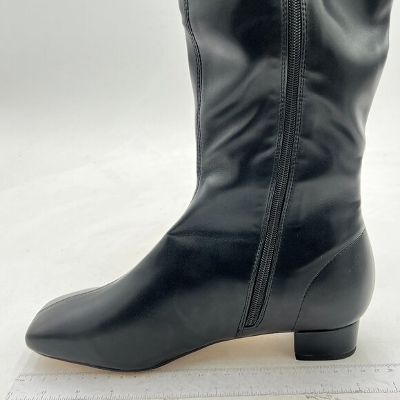 Black Women Stylish Square Toe Block Low Heel Side Zipper Knee High Riding Boots - Picture 2 of 6